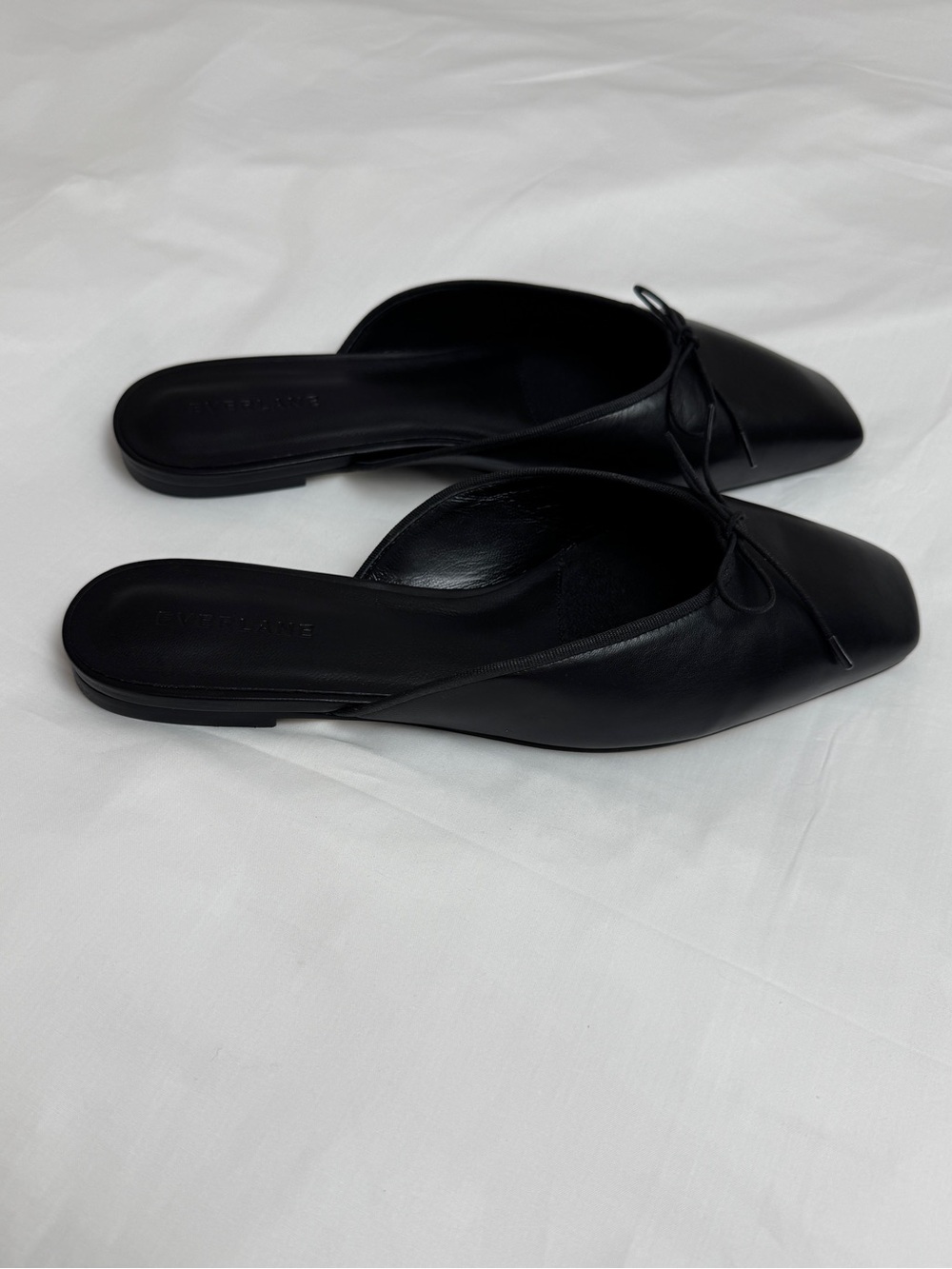 Everlane Black Leather Ballet Mule Flats Size 9 Minimalist Square Toe Bow - Picture 13 of 13